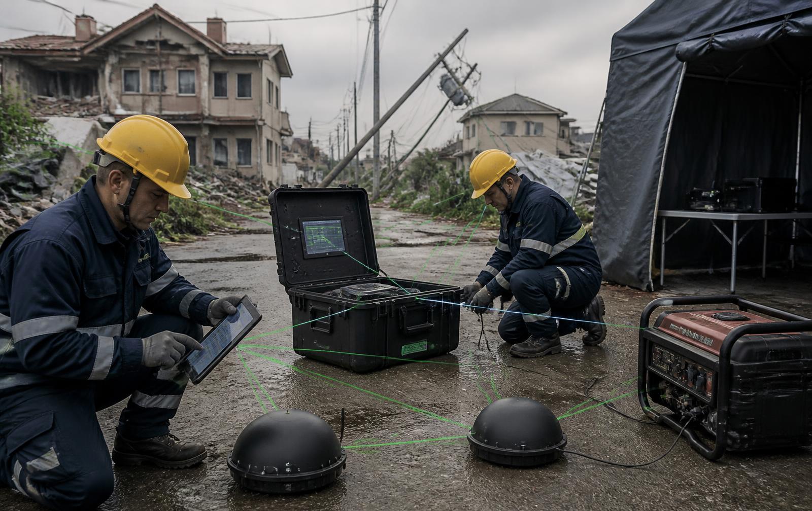 Disaster response staging area with responders preparing portable equipment
