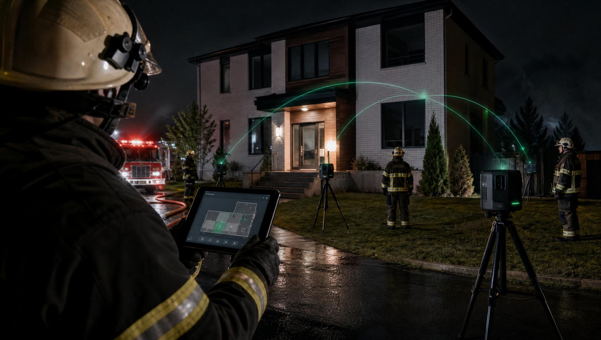 Rescue team deploying portable sensing pods outside a structure at night